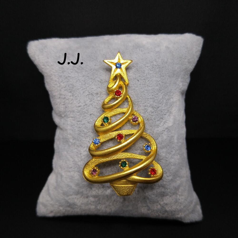 J.J. Christmas Tree Rhinestone Brooch, Multi-colored Rhinestones, 1970s Vintage